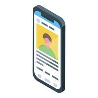 Smartphone showing profile page with man character in isometric view vector