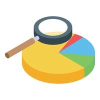Magnifying glass analyzing pie chart data in isometric view vector