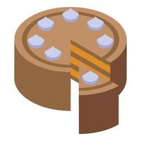 Round chocolate cake being sliced with cream topping isometric view vector