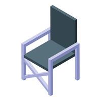 Folding chair standing up with metal frame and fabric seat vector