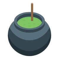 Witch cauldron with green potion boiling and stick inside is making magic potion vector