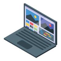 Laptop showing photo editing software interface with photo gallery and tools vector