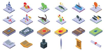 Fantasy paper book icons set. Open books showing different stories and genres with isometric illustrations vector
