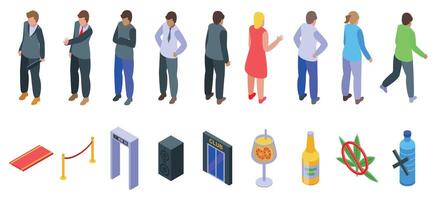 Face control party icons set. People waiting in line to enter night club with security guard checking vector