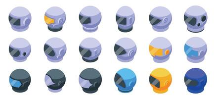 Cosmonaut helmet icons set. Set of astronaut helmet icons showing different designs and colors in isometric view vector