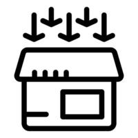 Arrows pointing down at store representing decreasing sales vector