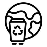 Line art icon of a recycle bin with planet earth in the background symbolizing global recycling vector