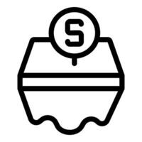 Black outline icon representing a dollar coin dropping into a donation box vector