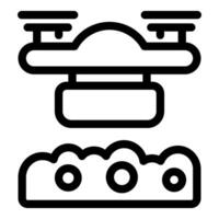 Drone delivering package flying over field outline icon vector