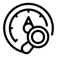 Magnifying glass analyzing speedometer with arrow pointing high performance vector
