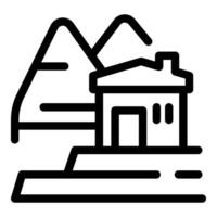 Small house standing on hill with mountains in background line art icon vector