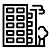 Modern apartment building with balconies and tree in urban setting line icon vector