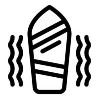 Surfboard standing upright between ocean waves on beach vector