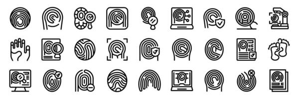 Evidence fingerprint icons set. Fingerprint scanning system, biometric security technology and dactyloscopy icons set vector