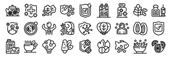 Boost immune icons set. Immune system boosting with healthy lifestyle choices and vitamins icon set vector