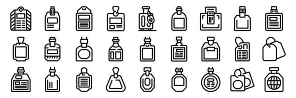 Luggage tag icons set. Set of various blank tags hanging with string for clothes, luggage, bottles, and more vector