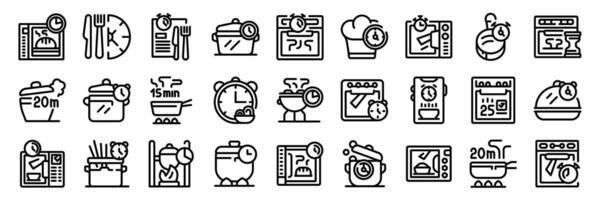 Cook time icons set. Chefs cooking food using different kitchen timers icons set. Outline style vector