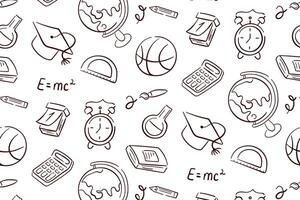 School seamless pattern in line art style. Education, science concept. Back to school design with school supplies notebook, globe, calculator, calendar, brush. illustration on white background. vector
