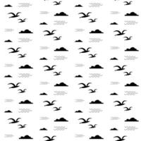 Flying seagull bird with clouds and waves graphic black and white seamless pattern. vector