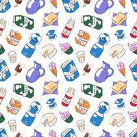 Milk dairy product flat seamless pattern. Wallpaper, package design with ice cream, cupcake, cheese, butter. illustration on a white background. vector