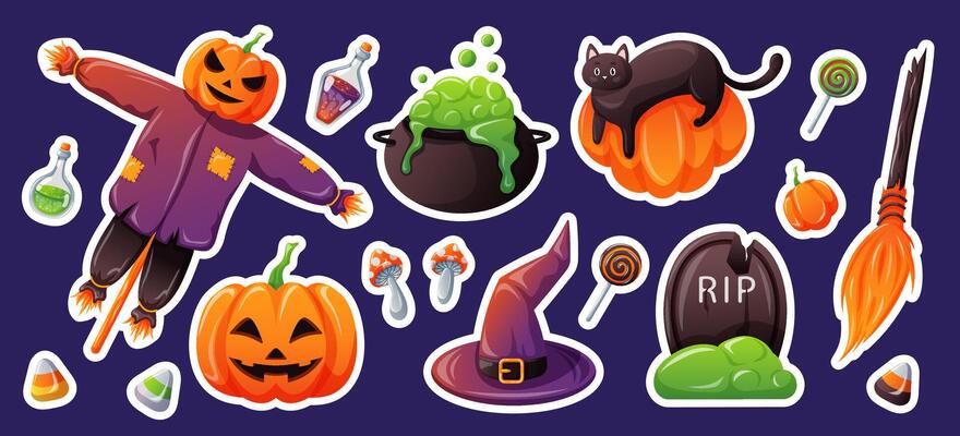 Halloween set in cartoon style. Icons hat, candy, pumpkin, cauldron, tombstone, cat, potion. Design for greeting card, party invitation, poster, stickers. illustration on a violet background.