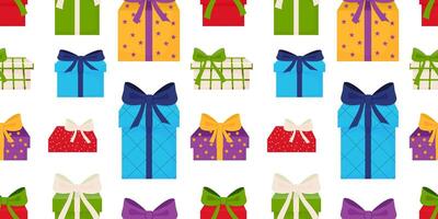 Seamless pattern of gift boxes with ribbons and bows on a white background. illustration in a flat style. Christmas and New Year vector