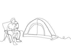 Sketch outline concept minimal travel camp picnic backpack drawing continuous line art. Camping hiking adventure concept hand drawn with white ioslated background. Abstract,illustration. vector