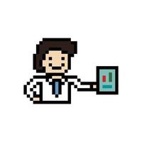 Cute pixel cartoon 8bit character business man businessman smart game for decoration business 8 bit male career smart character game. vector
