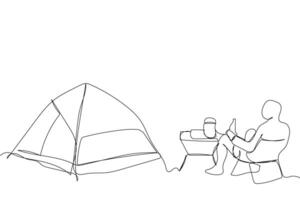 Sketch outline concept minimal travel camp picnic backpack drawing continuous line art. Camping hiking adventure concept hand drawn with white ioslated background. Abstract,illustration. vector