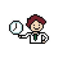 Cute pixel cartoon 8bit character business man businessman smart game for decoration business 8 bit male career smart character game. vector