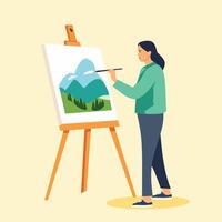 a woman is painting on an easel with a mountain in the background vector