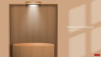 3d wooden podium design with wooden pattern background, window shadow overlay and light vector