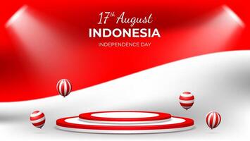 red and white 3d podium design with balloons and light on wavy indonesian flag vector