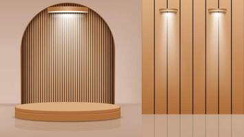 3d brown wooden podium design with vertical wooden pattern background, light and sparkling floor vector