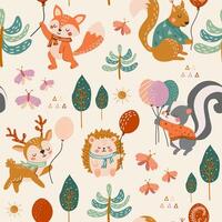 Cute woodland animals seamless pattern. Baby pattern for fabric. Deer, squirrel, fox, skunk, butterflies, forest, trees. Creative print for fabric, children's room. Nursery pattern in flat style. vector