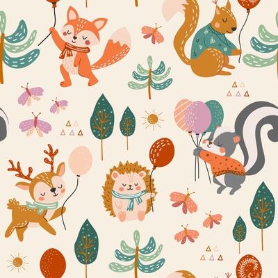 Cute woodland animals seamless pattern. Baby pattern for fabric. Deer, squirrel, fox, skunk, butterflies, forest, trees. Creative print for fabric, children's room. Nursery pattern in flat style.
