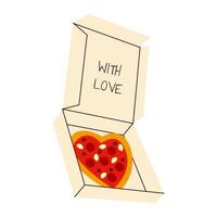 Cute heart shaped pizza in a box. Love theme. Pizza in hand drawn style. illustration with white isolated background. vector