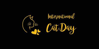 International Cat Day. Poster, banner. Black isolated background. Cute silhouette of a cat in gold color. vector