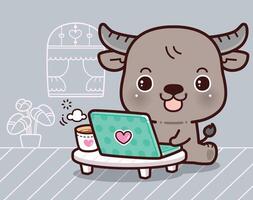 Little Carabao Working on Laptops and Computers at Home. Working at Home, Kawaii Cartoon Style. vector