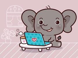 Little Elephant Working on Laptops and Computers at Home. Working at Home, Kawaii Cartoon Style. vector