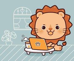 Little Lion Working on Laptops and Computers at Home. Working at Home, Kawaii Cartoon Style. vector