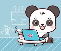 Little Panda Working on Laptops and Computers at Home. Working at Home, Kawaii Cartoon Style. vector
