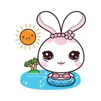 Little rabbit on an inflatable ring in the sea resting and swimming on a summer. Kawaii cartoon style. vector