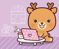 Little Deer Working on Laptops and Computers at Home. Working at Home, Kawaii Cartoon Style. vector