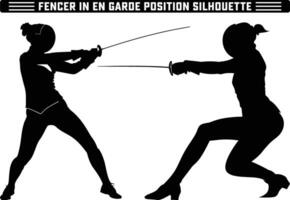 fencer in en garde position silhouette, Fencer in En Garde Position with Sword Ready - Perfect Silhouette Against white Background. vector