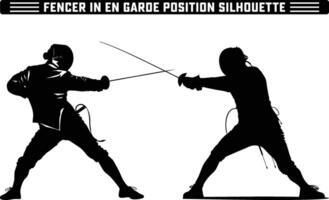 fencer in en garde position silhouette, Fencer in En Garde Position with Sword Ready - Perfect Silhouette Against white Background. vector