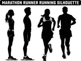 Marathon Runner Running Silhouette, Marathon run. Group of running people, men and women. Isolated silhouettes. People running silhouette, running contest. Running exercise healthy lifestyle. vector