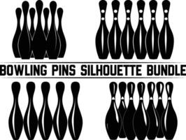 Bowling pins silhouette bundle, Bowling pins icon set, bowling pins standing at the end of a alley, Bowling illustration, simple silhouette design. vector
