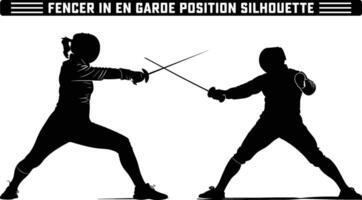 fencer in en garde position silhouette, Fencer in En Garde Position with Sword Ready - Perfect Silhouette Against white Background. vector