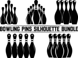 Bowling pins silhouette bundle, Bowling pins icon set, bowling pins standing at the end of a alley, Bowling illustration, simple silhouette design. vector